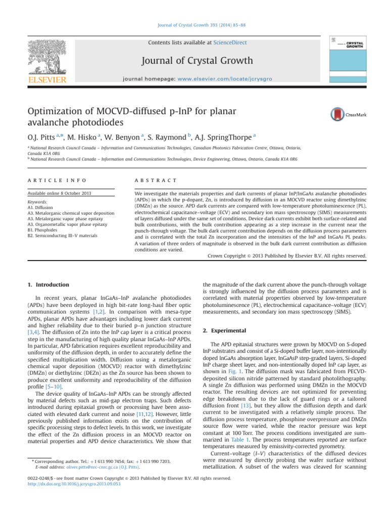 Optimization of MOCVD-diffused p-InP For Planar Avalanche Photodiodes ...