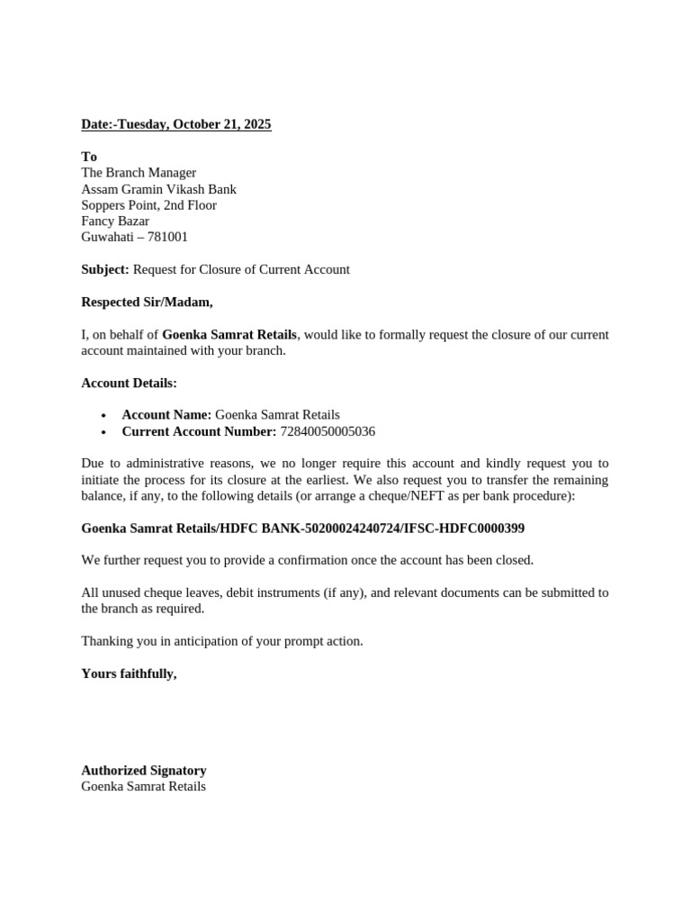 Bank Closure Letter | PDF