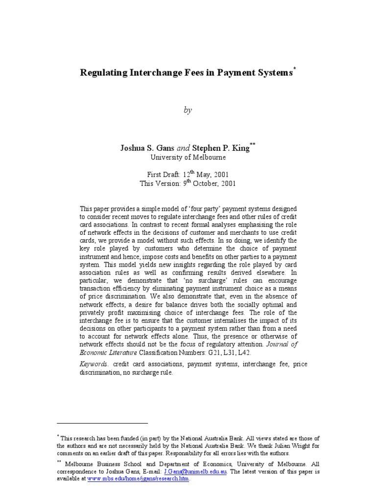 Regulating Interchange Fees in Payment Systems: Joshua S. Gans and ...
