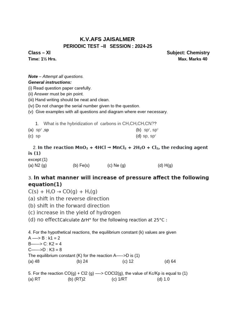 Xi Periodic Test - II Session - 2024-25 | PDF | Salt (Chemistry) | Ion