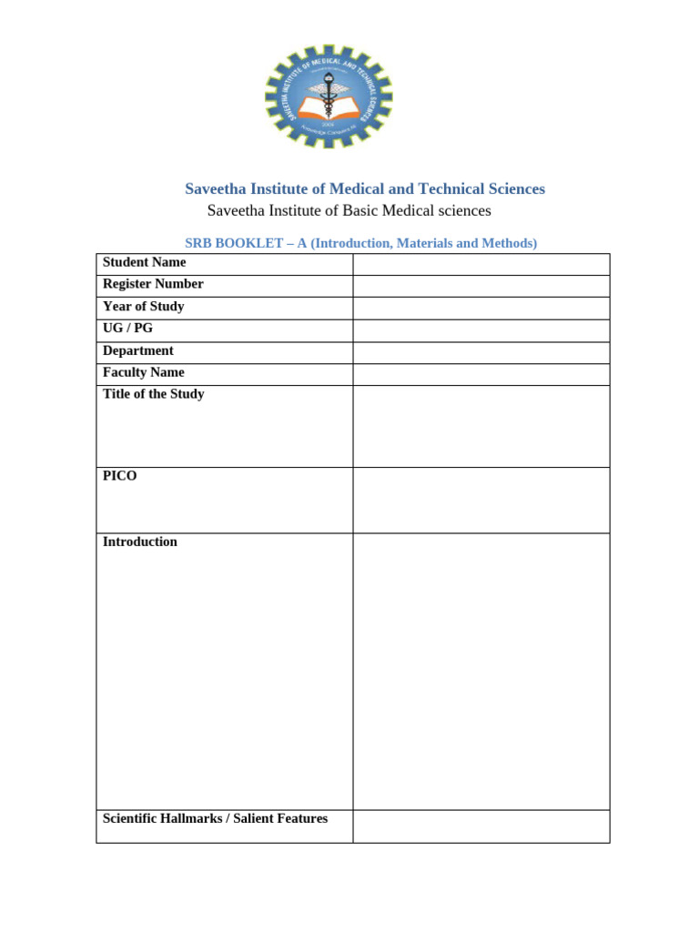 SIMATS SRB Booklet A Tabular | PDF