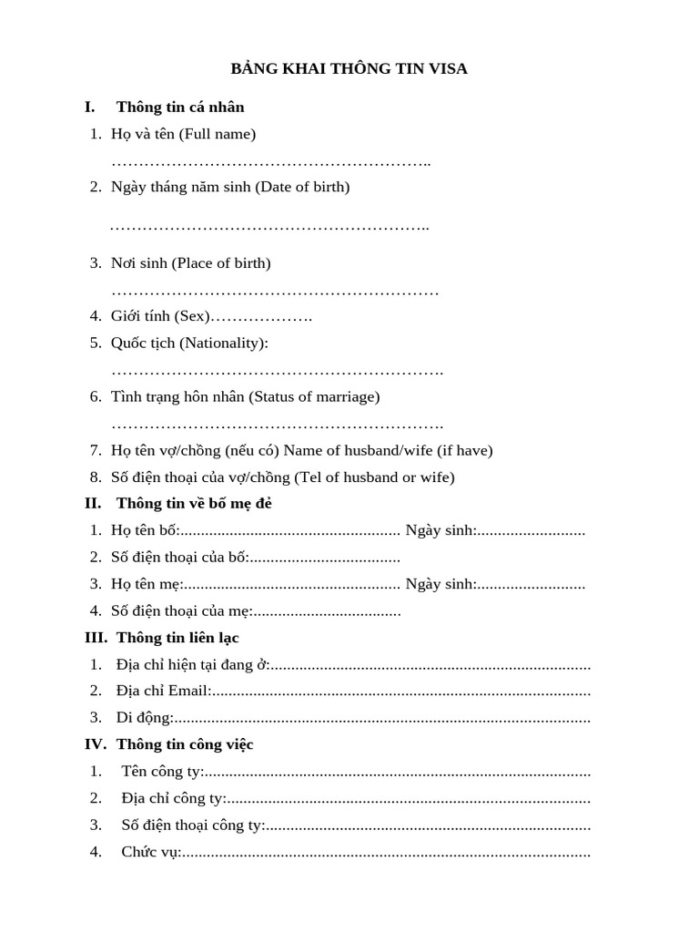 Bảng Khai Thông Tin Visa | PDF