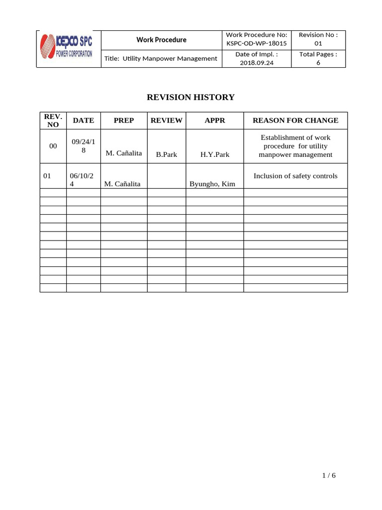 KSPC OD WP 18015 Utility Manpower Management Rev.1 | PDF