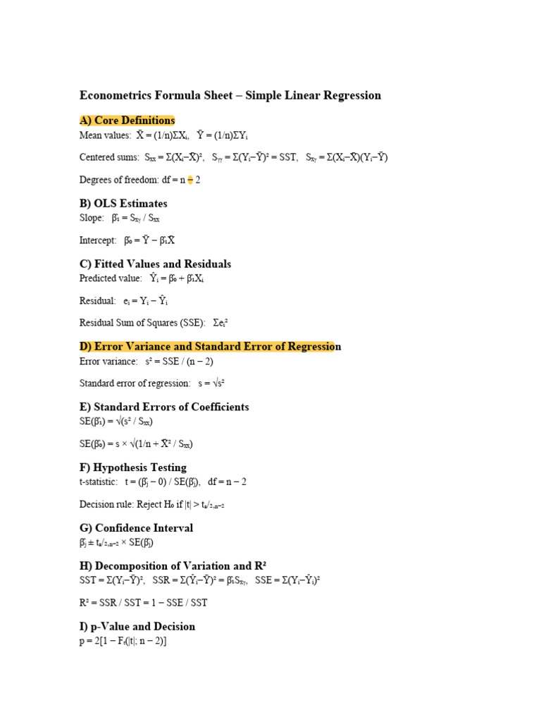 Econometrics Formula Sheet | PDF