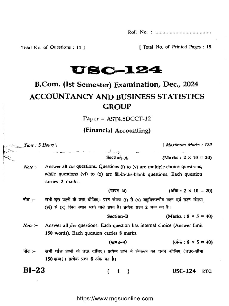 Bcom 1 Sem Abs Financial Accounting Usc 124 Dec 2024 | PDF