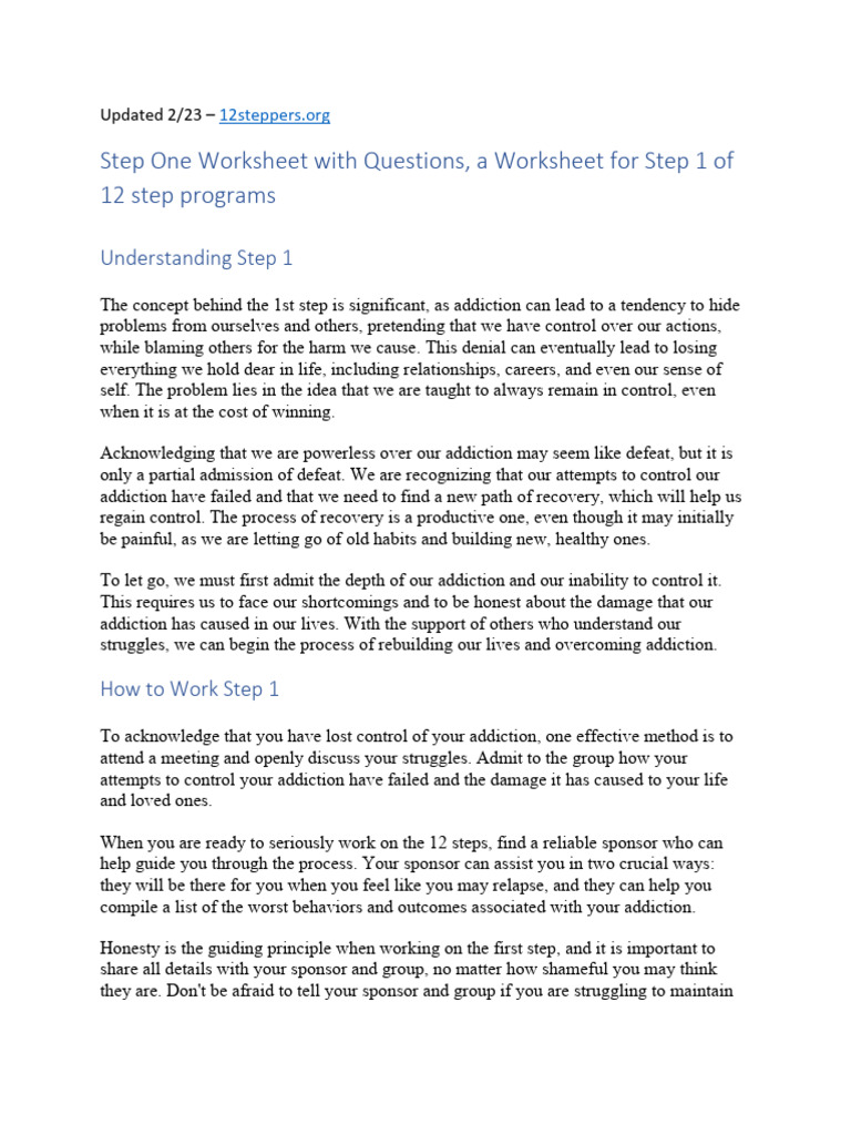 Step 1 Worksheet With Questions | PDF | Twelve Step Program | Mental Health