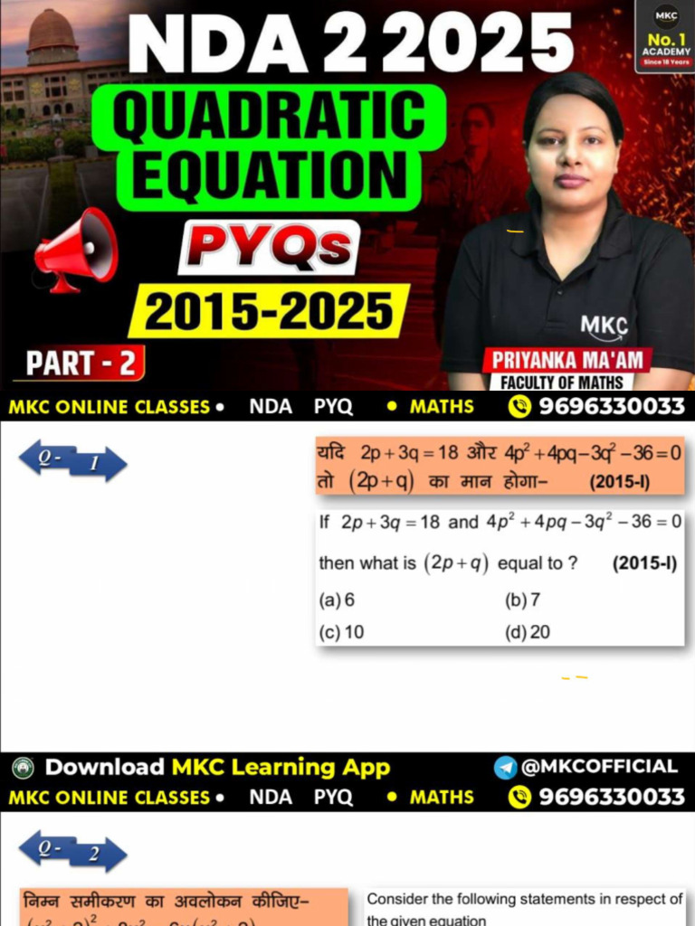 Priyanka Ma'Am 14.06.25 Math Quadratic Equation | PDF