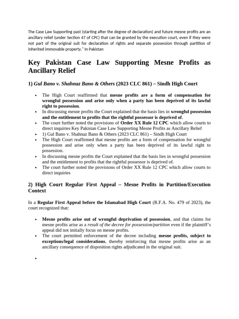 The Case Law Supporting Past & Futur Mesne Profit | PDF
