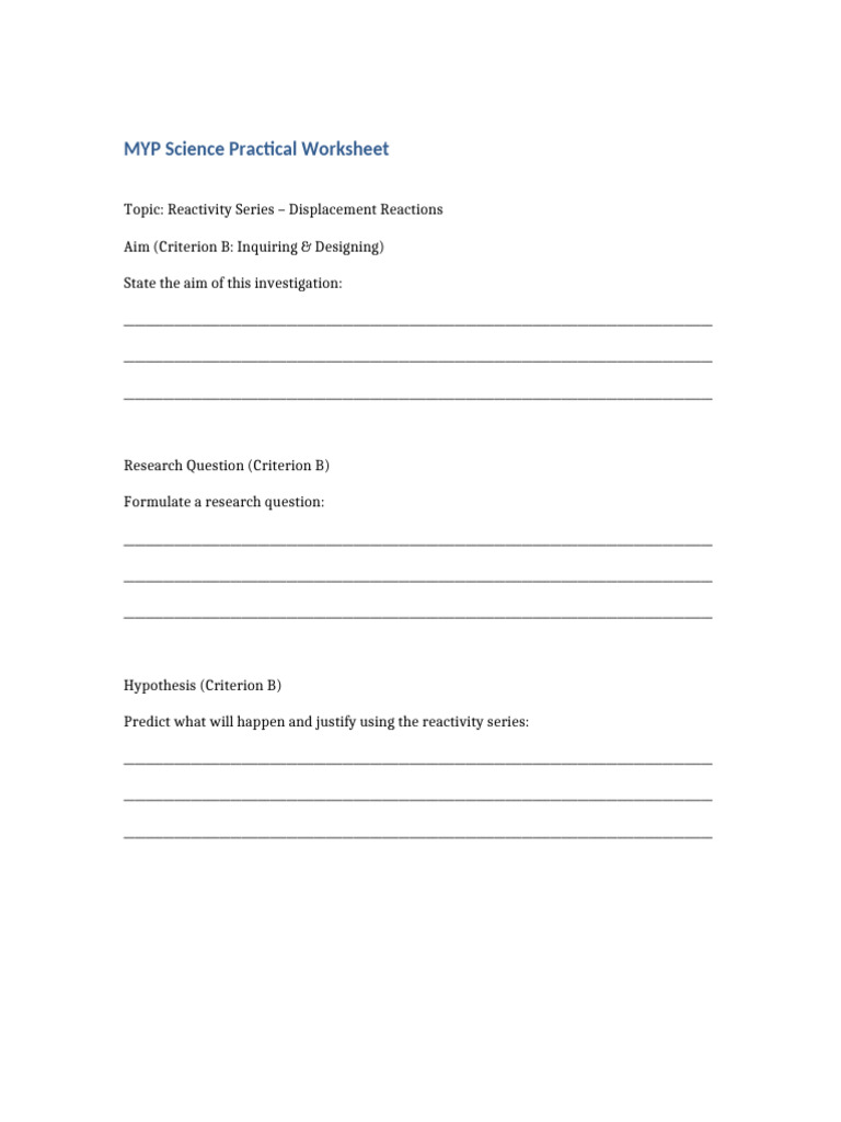 MYP Reactivity Series Worksheet | PDF | Magnesium | Iron