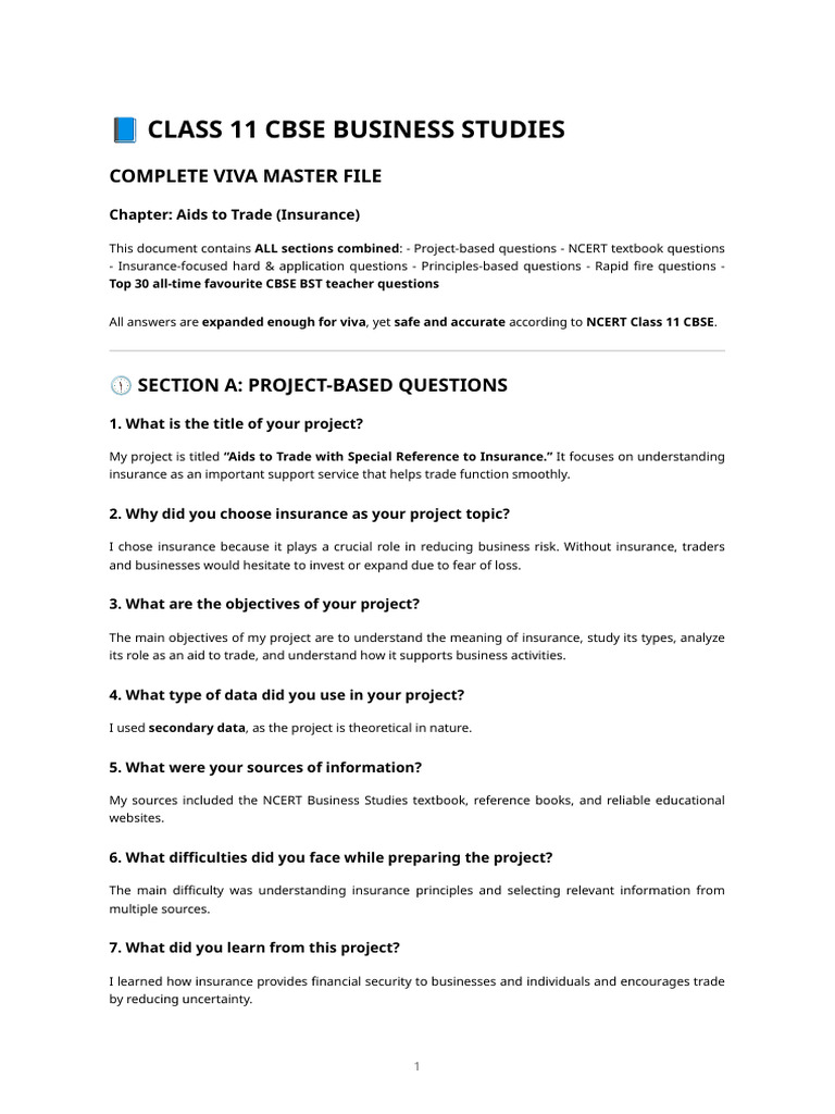 Class 11 Cbse Business Studies Viva Master File - Aids To Trade ...