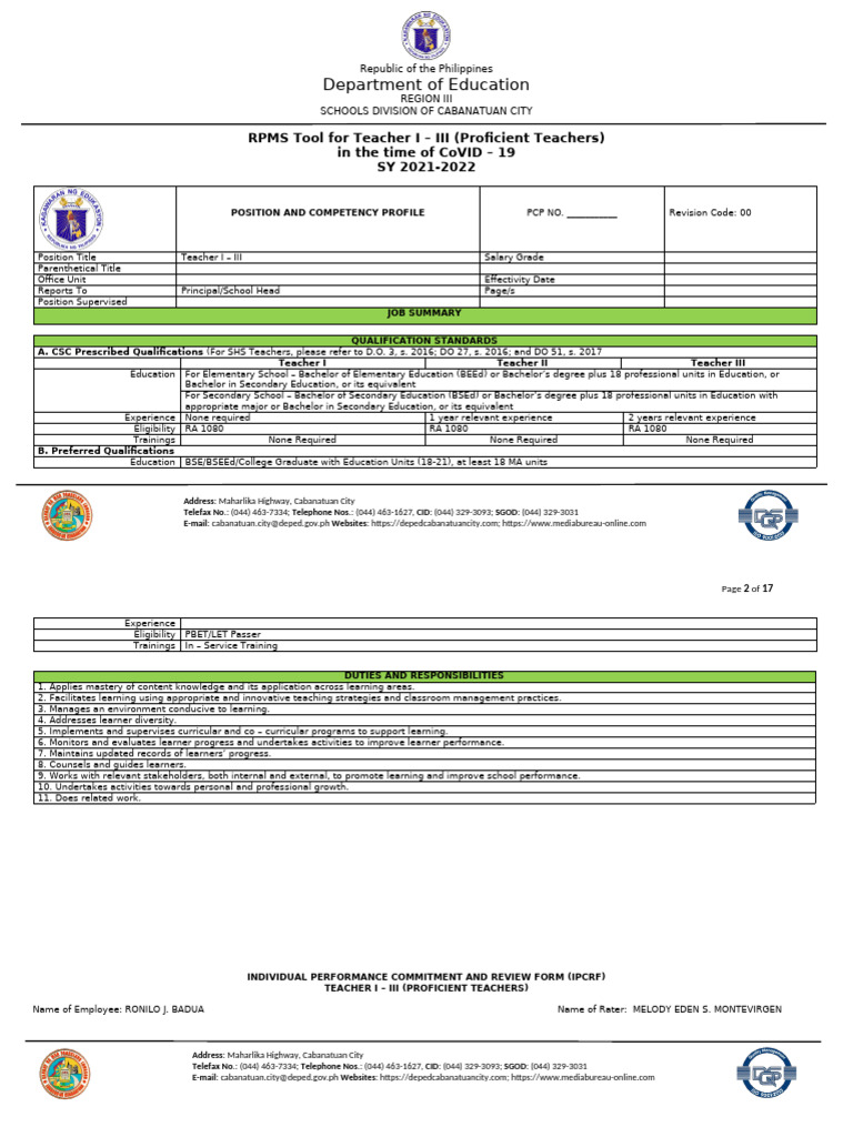 2022 Final Unrated IPCRF Teacher I III | PDF | Learning | Teachers