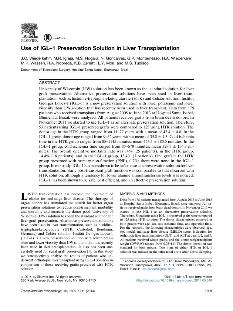 Use of IGL 1 Preservation Solution in Li | PDF | Organ Transplantation ...