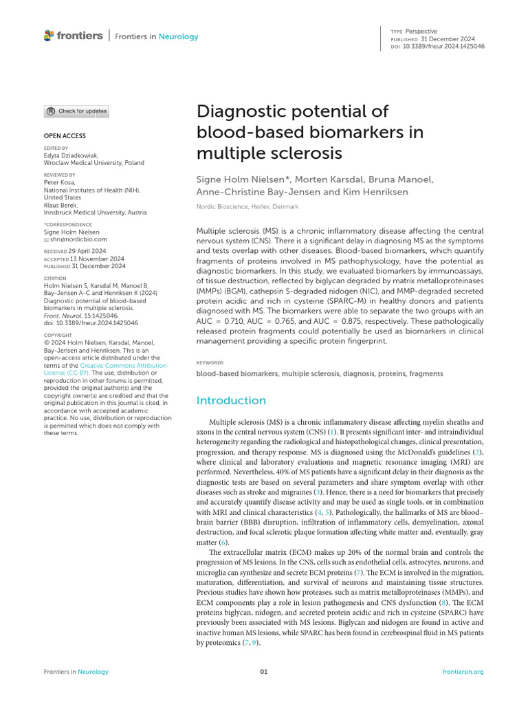 Diagnostic Potential of Blood-Based Biomarkers in Multiple Sclerosis ...