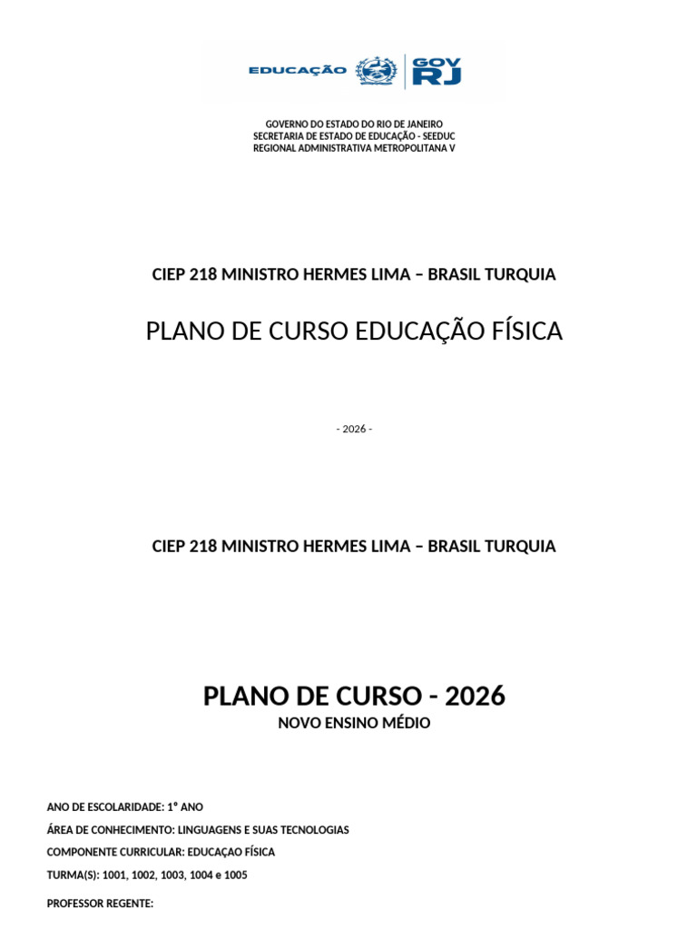Plano de Curso Eduacação Física 1º Ano 2026 | PDF | Educação Física | Lazer