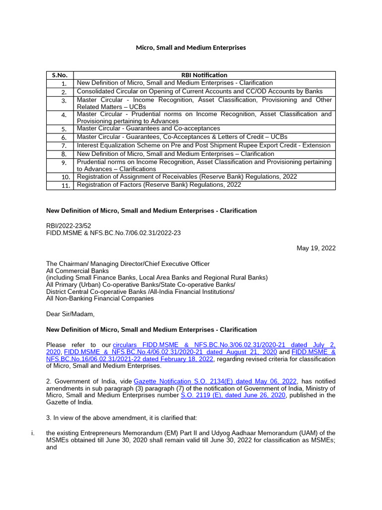 MSME RBI Circulars Jan'22-Jun'22 | PDF | Banks | Reserve Bank Of India