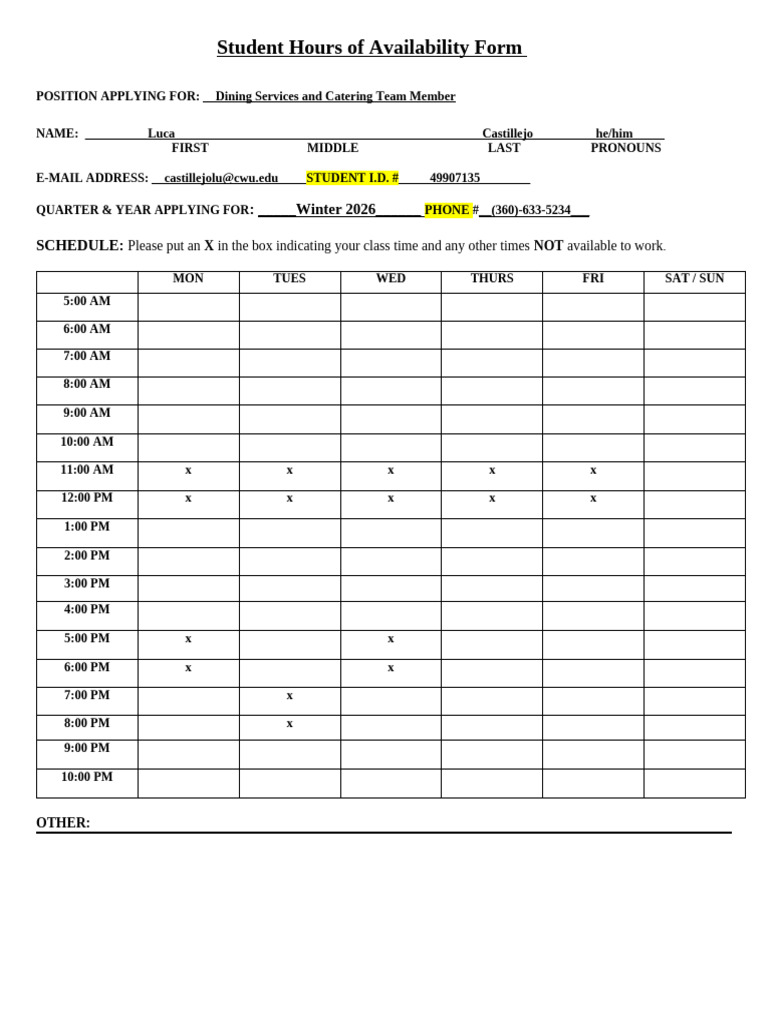 Winter 2026 SOA Form - Dining Services | PDF
