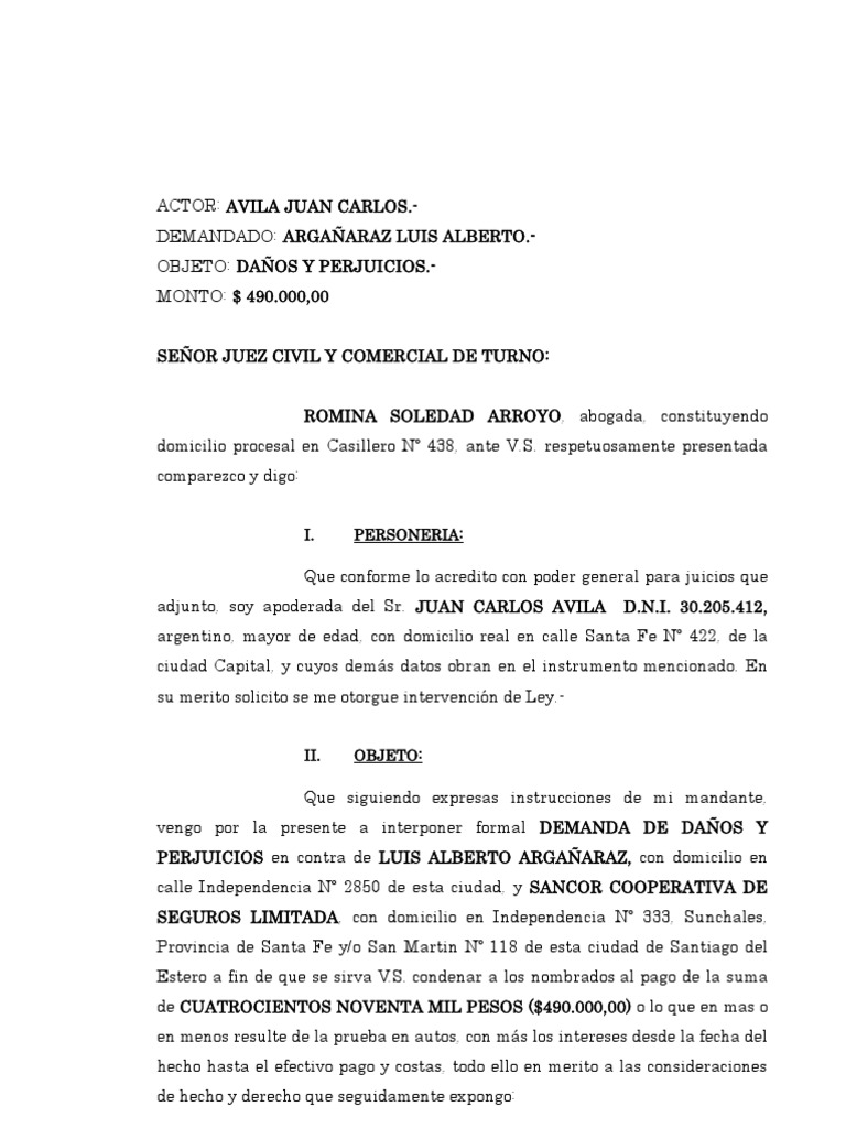 DEMANDA DAÑOS Y PERJUICIOS | Mandato | Demanda judicial