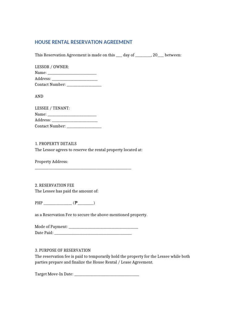 House Rental Reservation Agreement | PDF