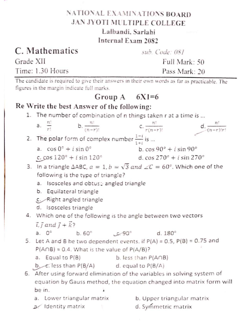 Mathematics - Jan Jyoti Multiple College NEB | PDF