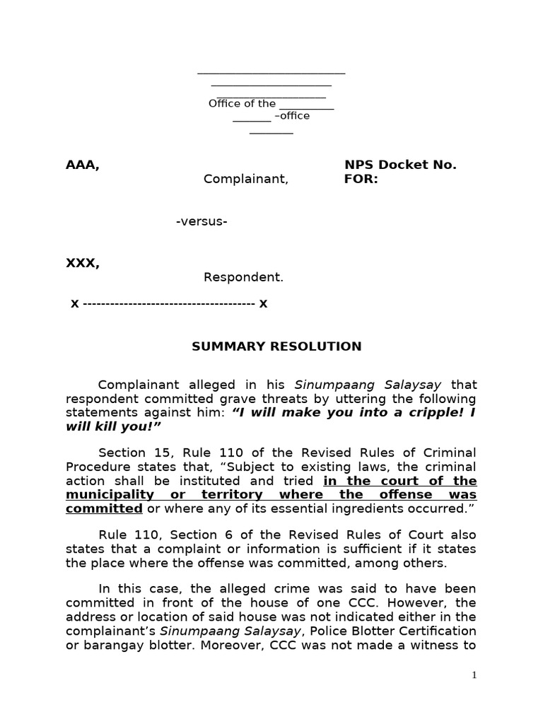 Sample Resolution Dismiss | PDF | Common Law | Crimes