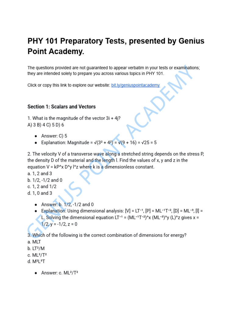 PHY 101 Prep. Test BY GPA | PDF | Rotation Around A Fixed Axis ...