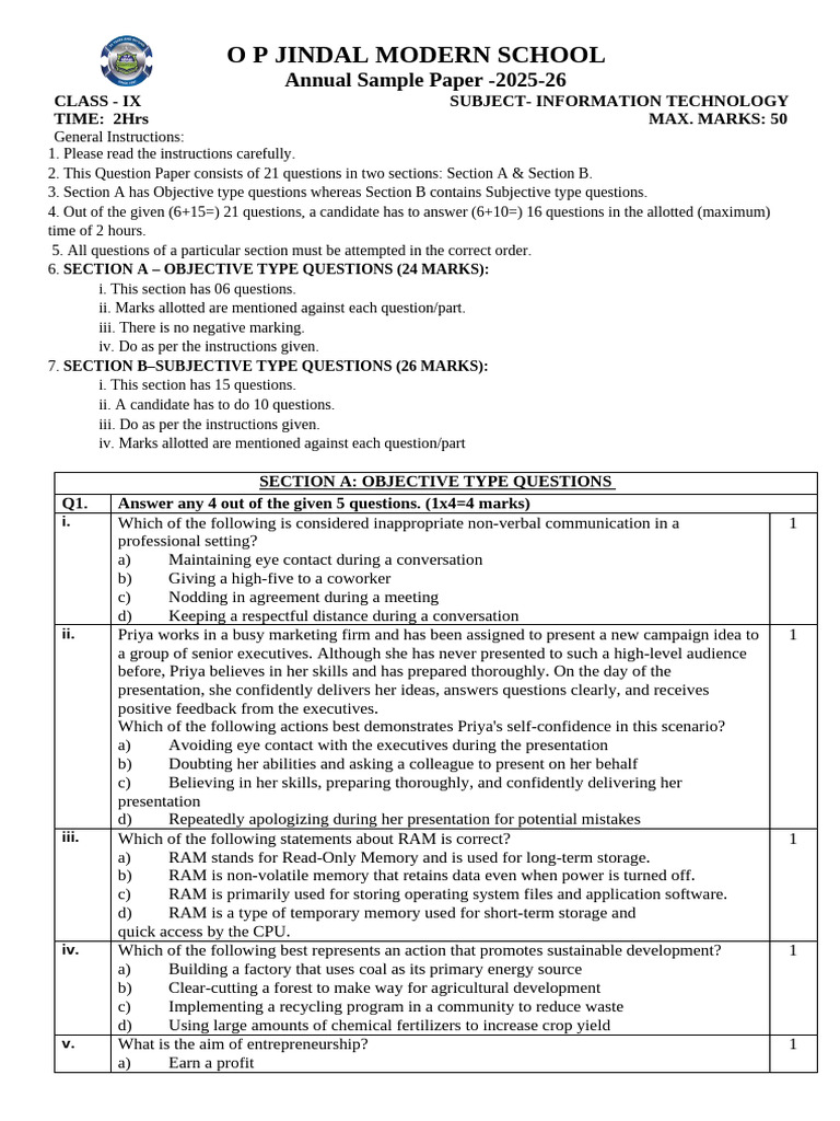 Final Sample Paper IX Information Technology | PDF | Random Access ...