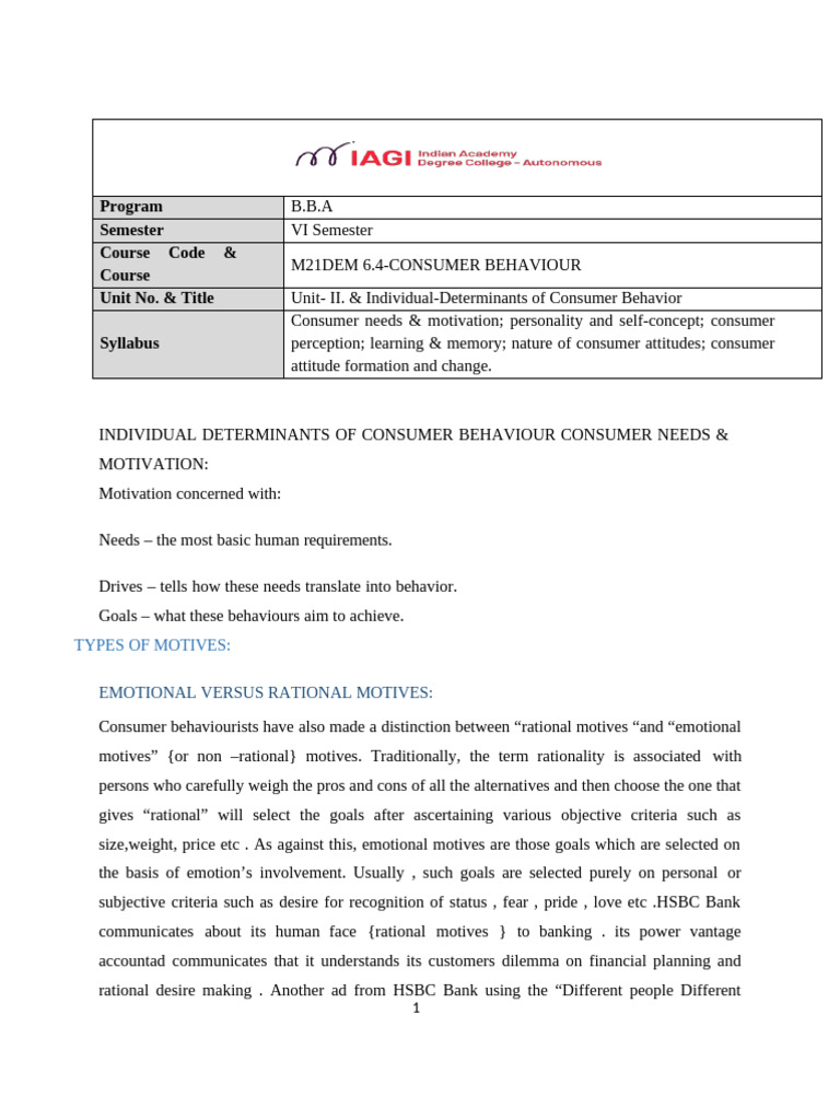 Unit Ii Consumer Behaviour Notes | PDF | Attitude (Psychology) | Perception