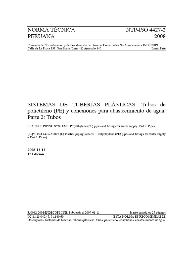 NTP - Iso 4427-2 Sistema de Tubería Plástica | PDF | Tubería ...