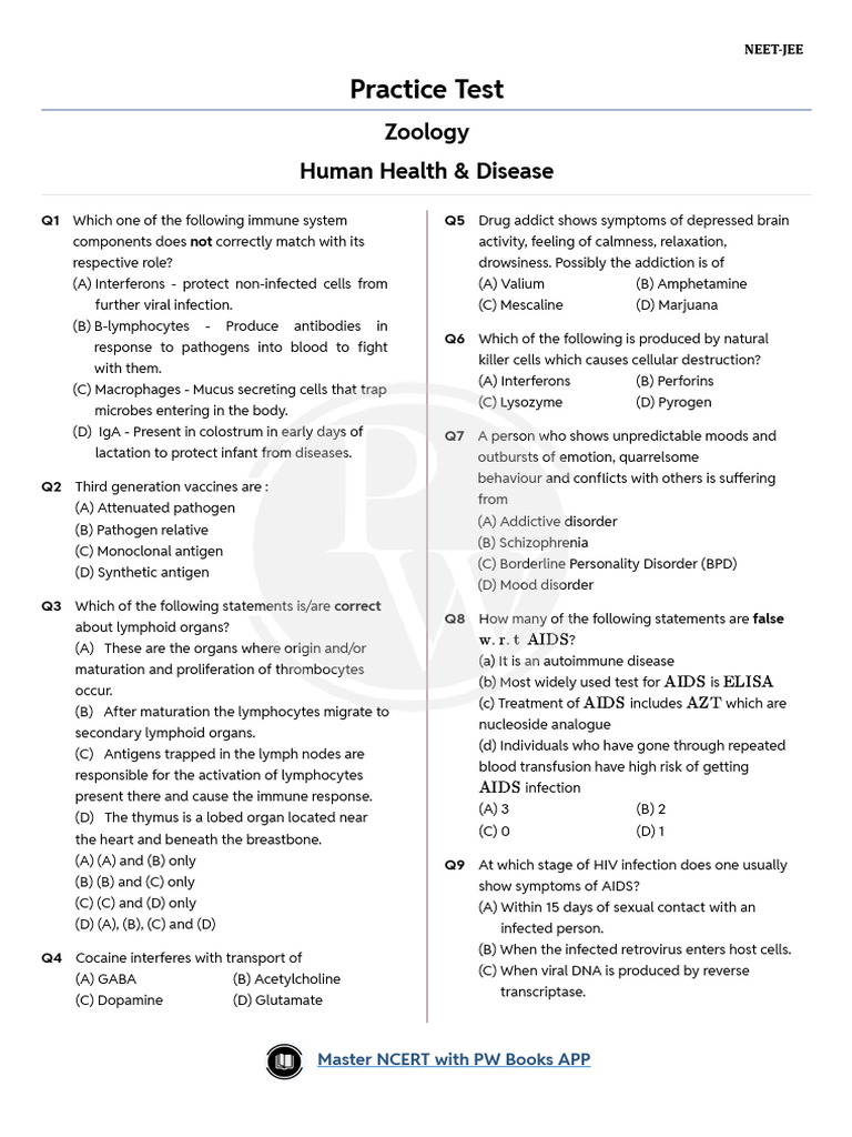 Practice Test - Human Health & Disease - Zoology | PDF | Immune System ...