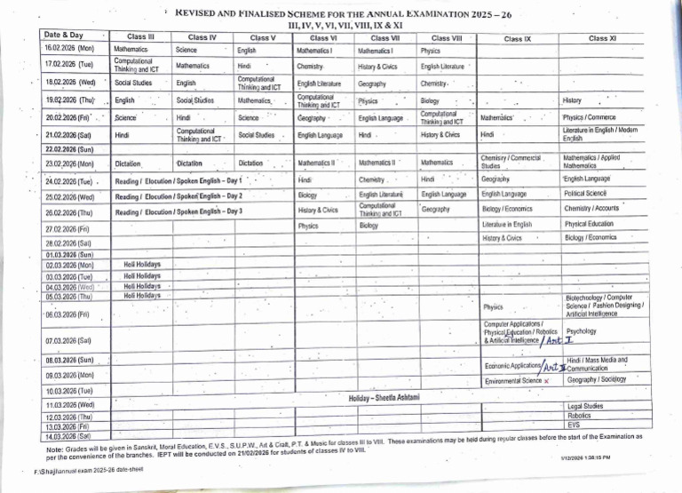 Finalised Annual Exam Datesheet | PDF | Science