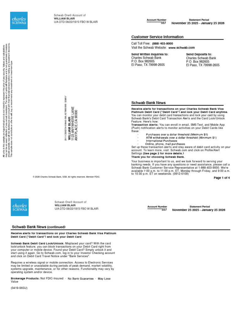 557 Charles Schwab Checking Account Statement | PDF