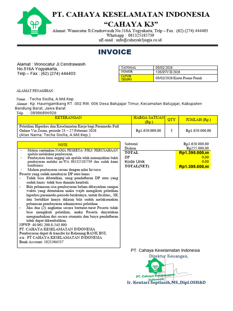 Techa - Invoice Pembayaran Pelatihan Hiperkes Cki Diy Paramedis | PDF
