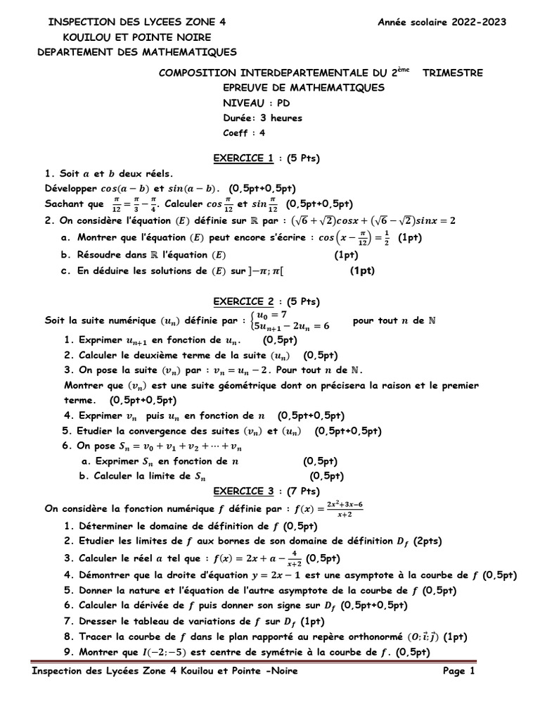 Compos 2e Trim 2022-2023 ILZ4 Maths 1ère D | PDF | Fonction ...
