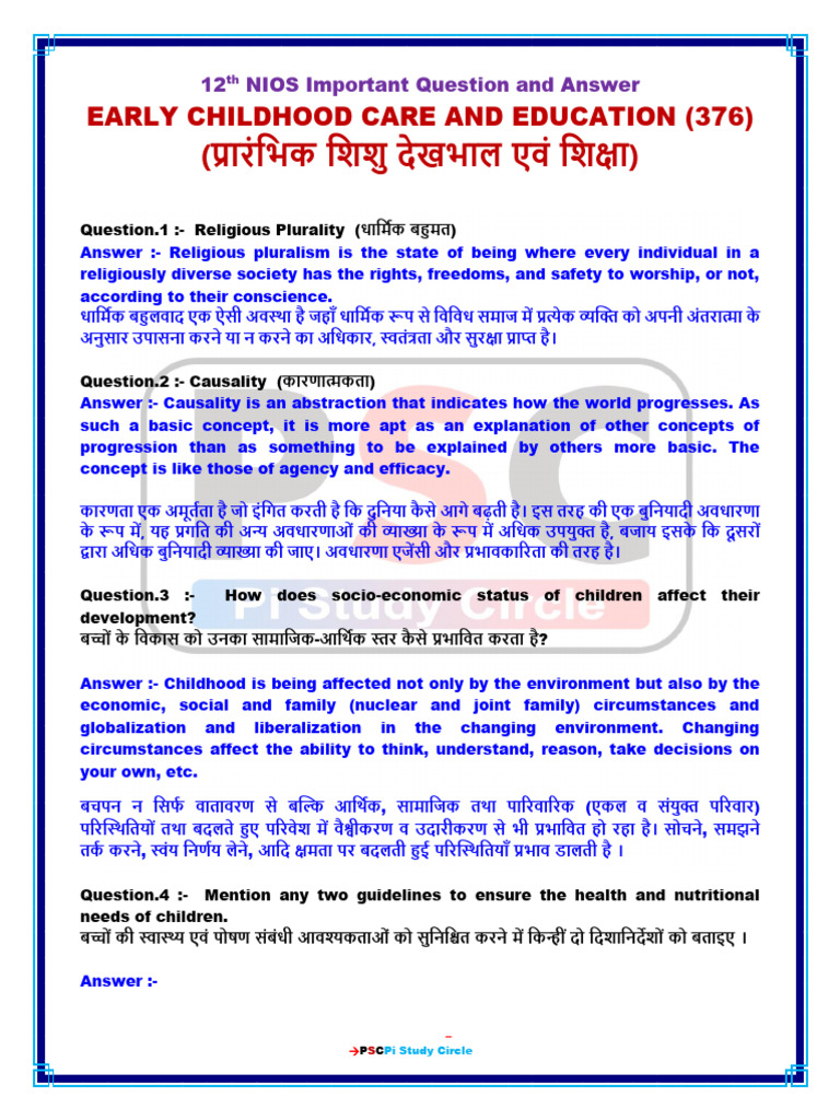 12th NIOS Early Childhood Care and Education 376 Important Question | PDF
