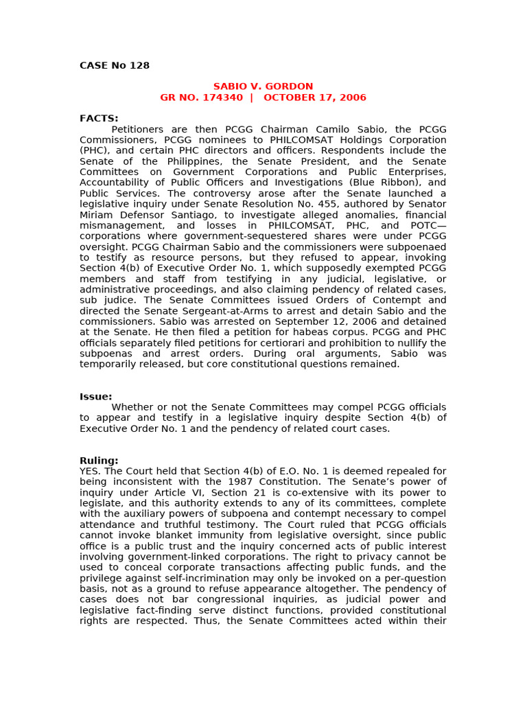 CASE No 128: Sabio V. Gordon GR NO. 174340 - OCTOBER 17, 2006 | PDF ...