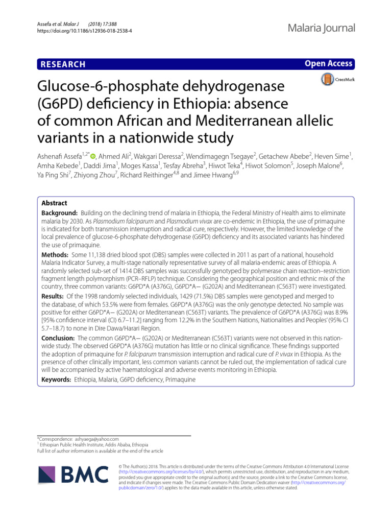 Glucose-6-Phosphate Dehydrogenase (G6PD) Deficiency in Ethiopia Absence ...