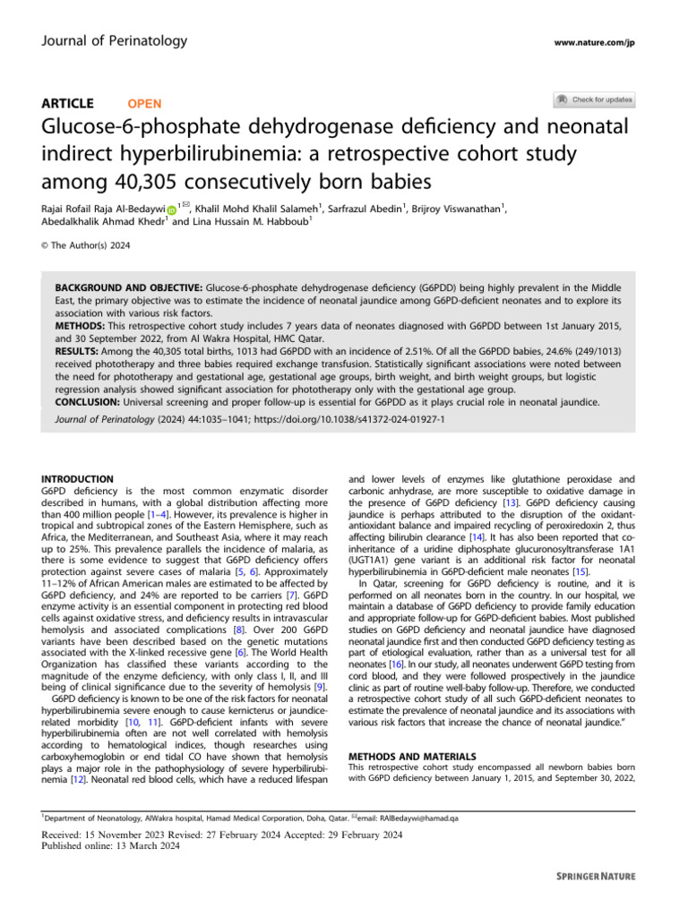 Glucose-6-Phosphate Dehydrogenase Deficiency and Neonatal Indirect ...