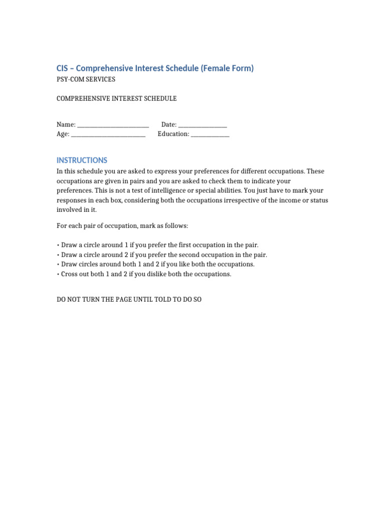 CIS Comprehensive Interest Schedule Female Clean | PDF