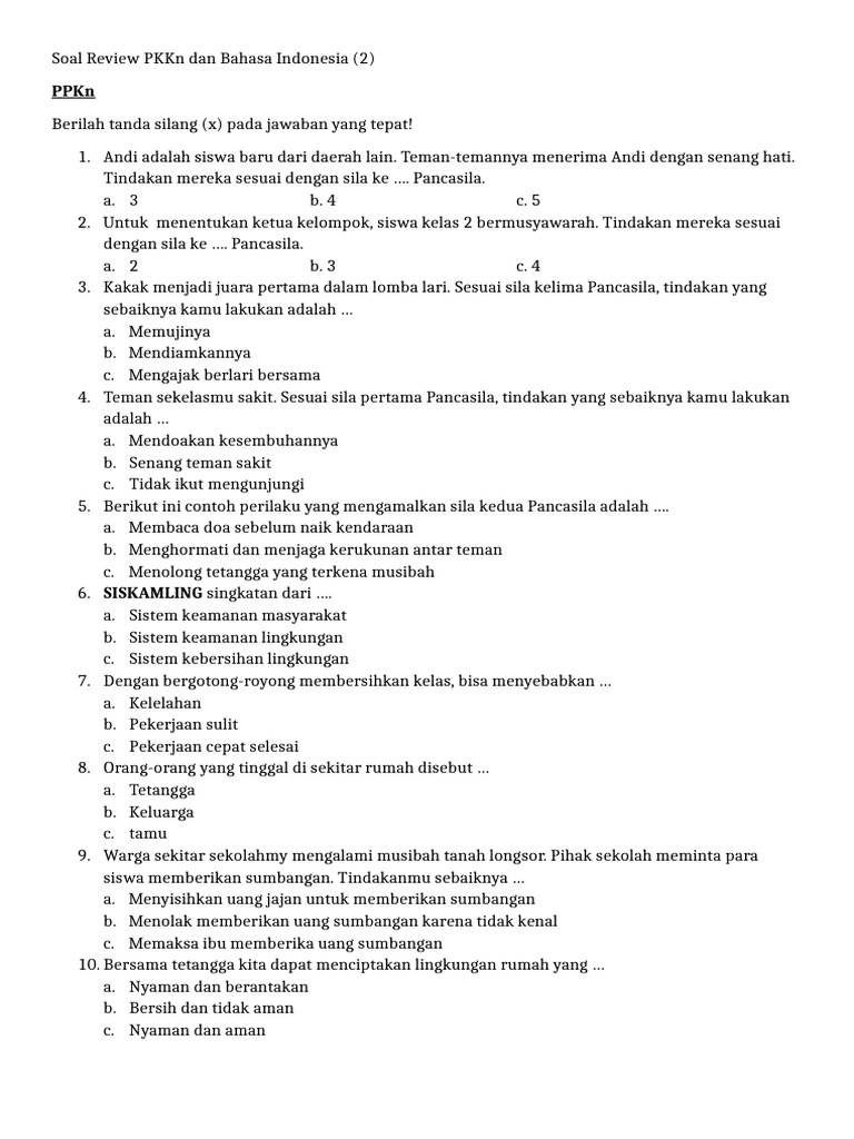 Soal Review PKKN Dan Bahasa Indonesia KELAS 2 BAB 2 | PDF