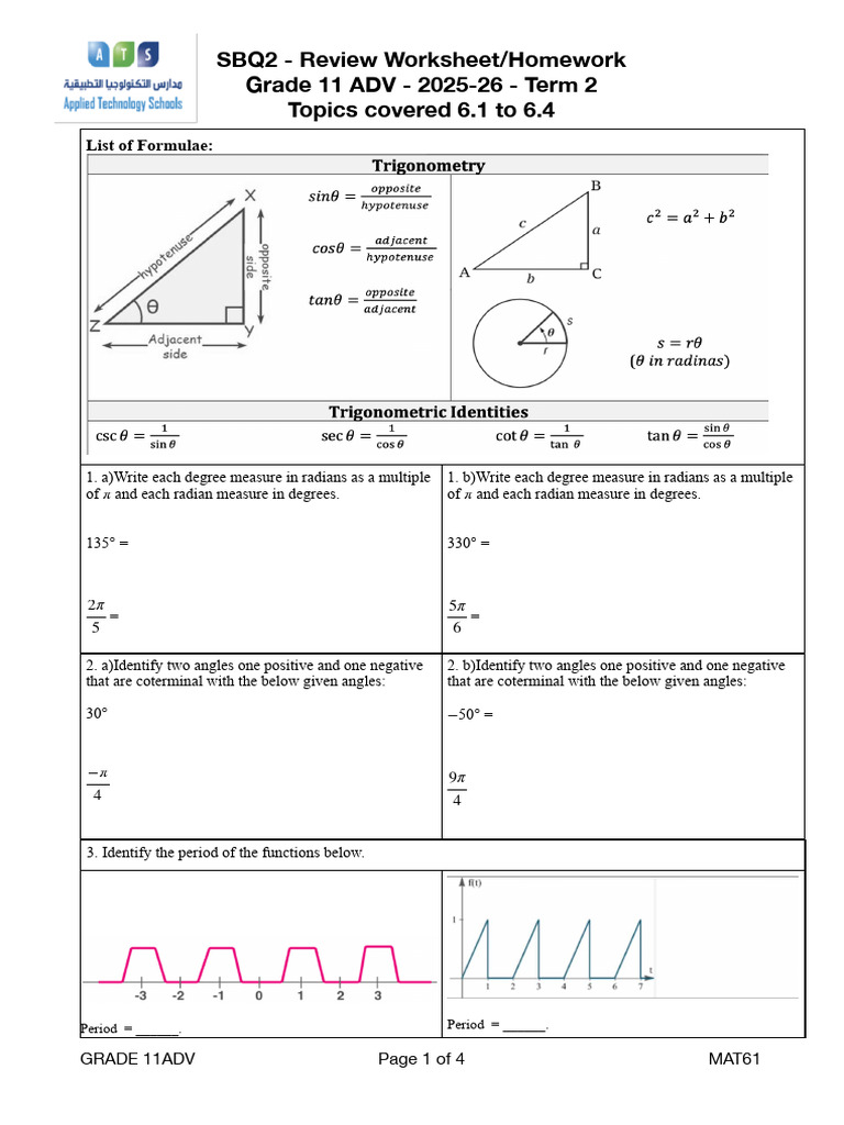 2025-26 Grade 11 ADV Term 2 - SBQ2 Review Worksheet | PDF | Angle | Circle