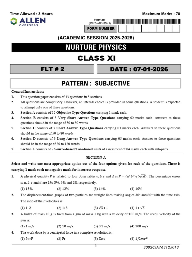 Kuwait Class 11 Physics FLT 2 07 01 2026 Paper | PDF | Force | Quantity
