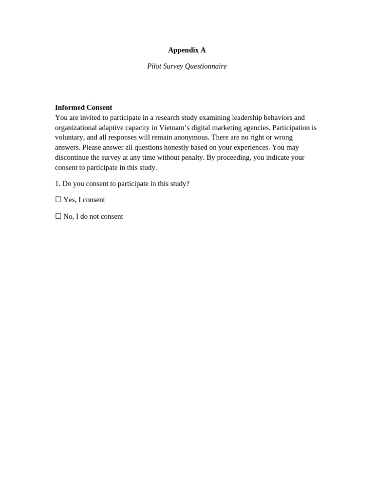Appendix A Pilot Survey Questionnaire | PDF