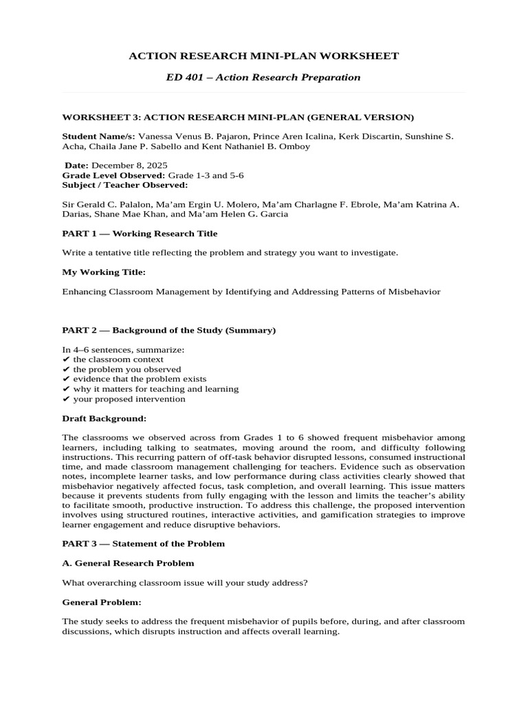 Worksheet 3 Action Research Mini Suma Team | PDF | Learning | Classroom ...