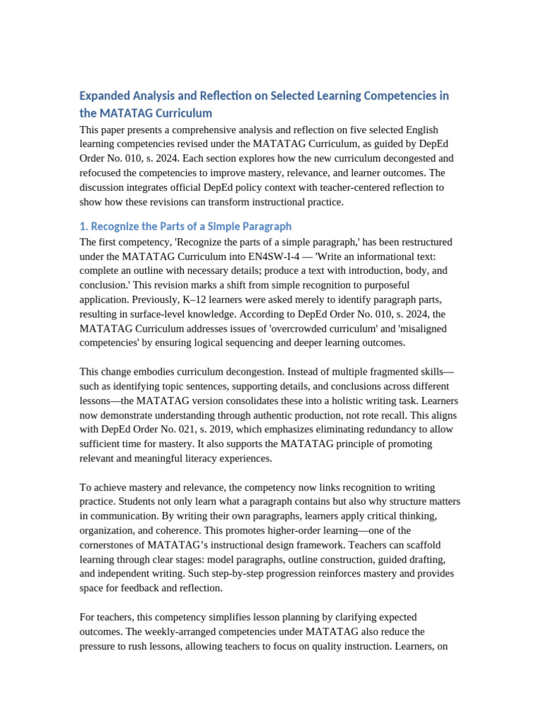 MATATAG Curriculum Expanded Analysis and Reflection | PDF | Reading ...