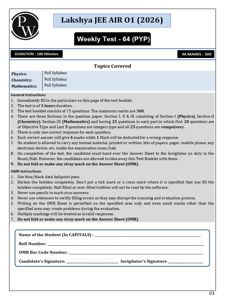 Weekly Test 64 Mains PYP Test Paper Lakshya JEE AIR O1 2026 | PDF ...