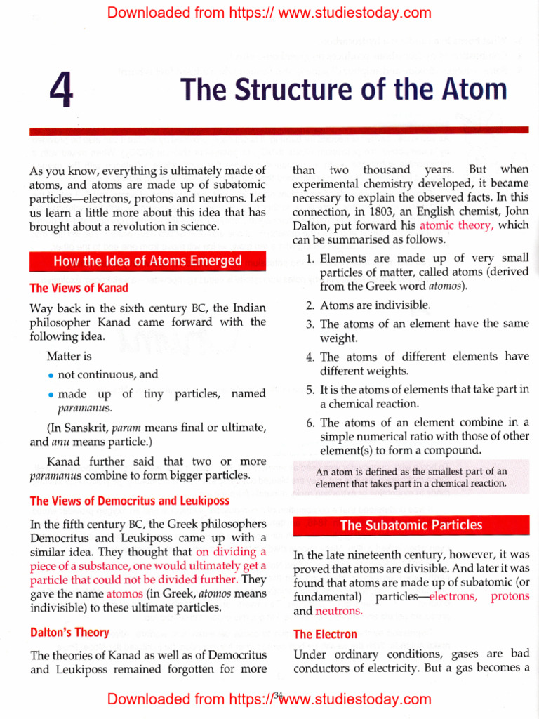 ICSE Class 8 Chemistry Chapter 04 The Structure of The Atom | PDF