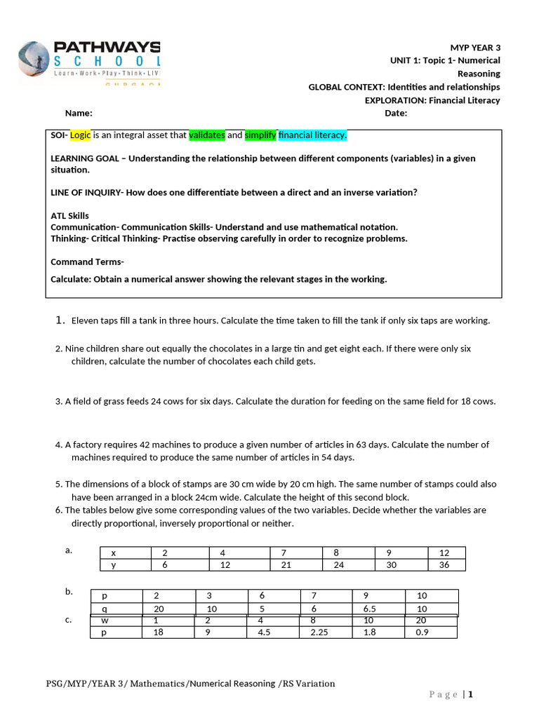 Unit 1 Topic 1-RS - Direct and Inverse Proportions | PDF | Variable ...