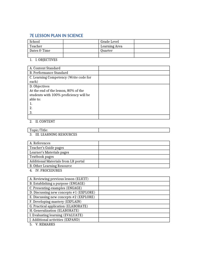 7E Lesson Plan Template | PDF