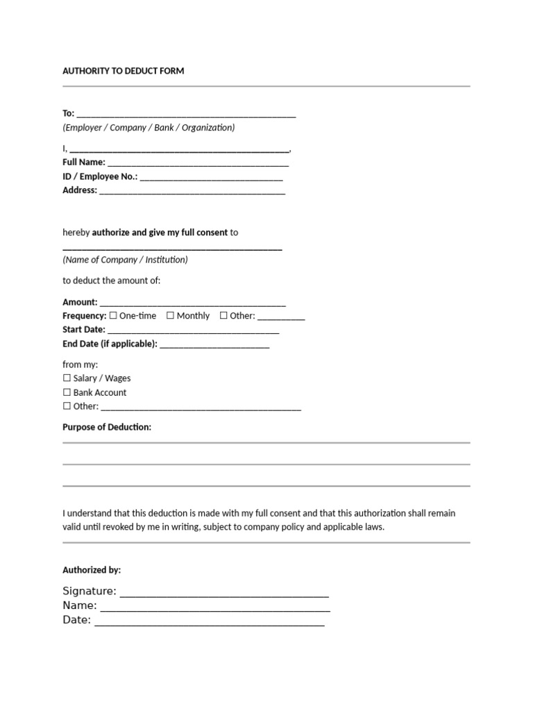 Authority To Deduct Form | PDF