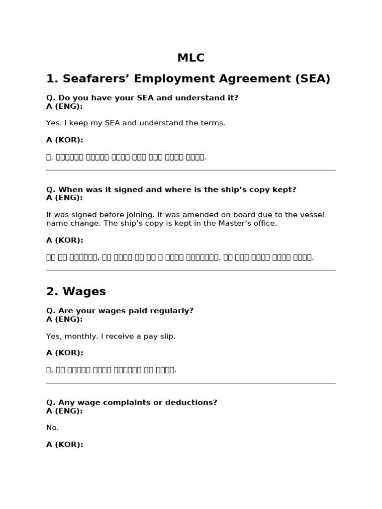 MLC 1. Seafarers' Employment Agreement (SEA) : Q. Do You Have Your SEA ...